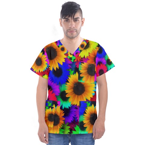 Sunflower Colorful Men s V-neck Scrub Top by Mariart