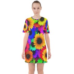 Sunflower Colorful Sixties Short Sleeve Mini Dress by Mariart