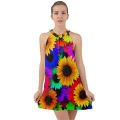 Sunflower Colorful Halter Tie Back Chiffon Dress by Mariart