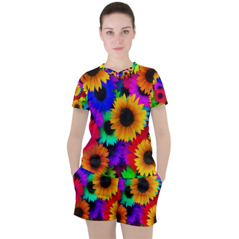 Sunflower Colorful Women s Tee And Shorts Set by Mariart