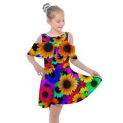 Sunflower Colorful Kids  Shoulder Cutout Chiffon Dress by Mariart