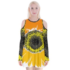 Sunflower Flower Yellow Orange Velvet Long Sleeve Shoulder Cutout Dress by Mariart