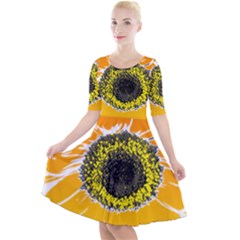 Sunflower Flower Yellow Orange Quarter Sleeve A-line Dress