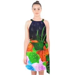 Pattern Fishes Escher Halter Collar Waist Tie Chiffon Dress