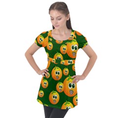 Seamless Orange Pattern Puff Sleeve Tunic Top