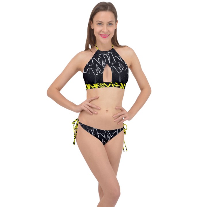 Anti-Anxiety Black and White  Cross Front Halter Bikini Set