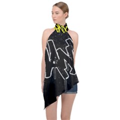 Anti-anxiety Black And White  Halter Asymmetric Satin Top