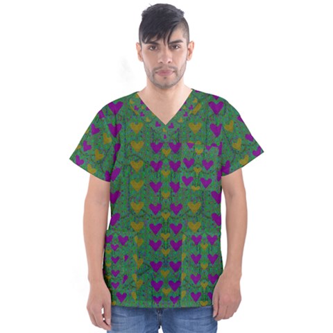 In Love With Festive Hearts Men s V-neck Scrub Top by pepitasart