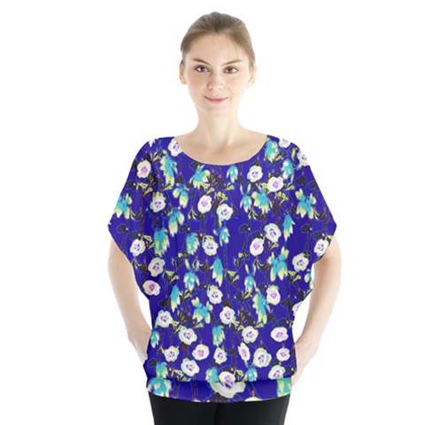 Indigo White Floral   Angel Wings Chiffon Blouse by 1dsign