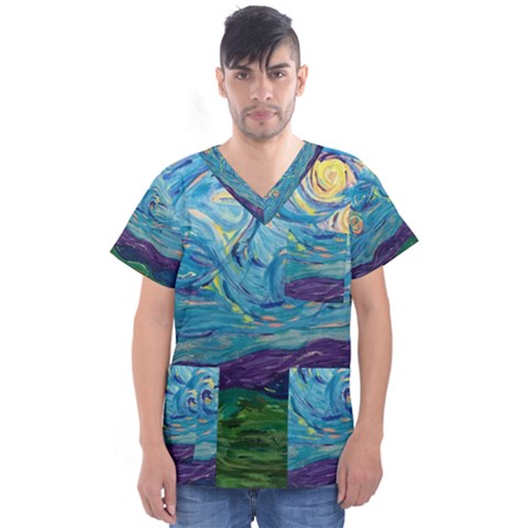 A Very Very Starry Night Men s V-neck Scrub Top by arwwearableart