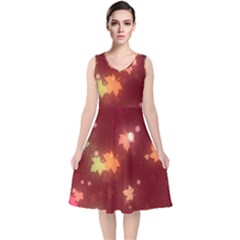 Leaf Leaves Bokeh Background V-neck Midi Sleeveless Dress 