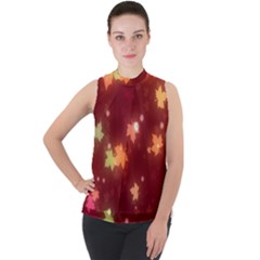 Leaf Leaves Bokeh Background Mock Neck Chiffon Sleeveless Top