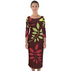 Leaves Foliage Pattern Design Quarter Sleeve Midi Bodycon Dress