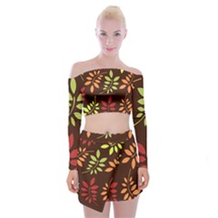 Leaves Foliage Pattern Design Off Shoulder Top With Mini Skirt Set by Mariart