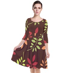 Leaves Foliage Pattern Design Quarter Sleeve Waist Band Dress