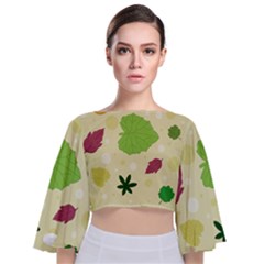 Leaves Background Leaf Tie Back Butterfly Sleeve Chiffon Top