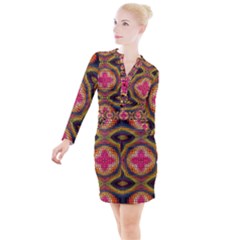 Kaleidoscope Art Pattern Ornament Button Long Sleeve Dress