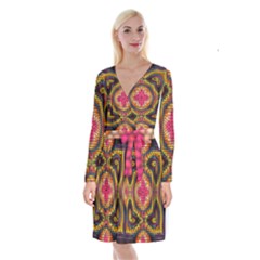 Kaleidoscope Art Pattern Ornament Long Sleeve Velvet Front Wrap Dress by Pakrebo