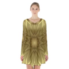 Background Pattern Golden Yellow Long Sleeve Velvet V-neck Dress by Pakrebo