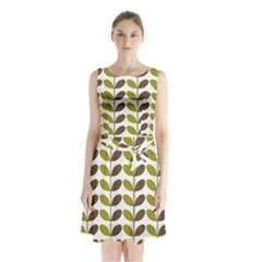 Leaf Plant Pattern Seamless Sleeveless Waist Tie Chiffon Dress by Pakrebo