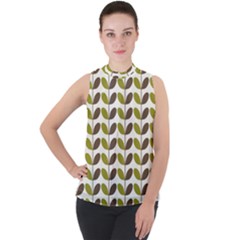 Leaf Plant Pattern Seamless Mock Neck Chiffon Sleeveless Top