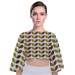 Leaf Plant Pattern Seamless Tie Back Butterfly Sleeve Chiffon Top