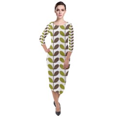 Leaf Plant Pattern Seamless Quarter Sleeve Midi Velour Bodycon Dress