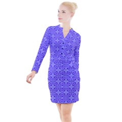 Decor Pattern Blue Curved Line Button Long Sleeve Dress