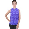 Decor Pattern Blue Curved Line Mock Neck Chiffon Sleeveless Top View1