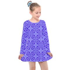 Decor Pattern Blue Curved Line Kids  Long Sleeve Dress