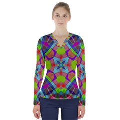 Farbenpracht Kaleidoscope Pattern V-neck Long Sleeve Top by Pakrebo