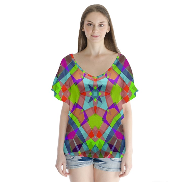 Farbenpracht Kaleidoscope Pattern V-Neck Flutter Sleeve Top