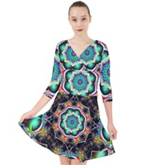 Fractal Chaos Symmetry Psychedelic Quarter Sleeve Front Wrap Dress by Pakrebo