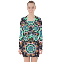 Fractal Chaos Symmetry Psychedelic V-neck Bodycon Long Sleeve Dress