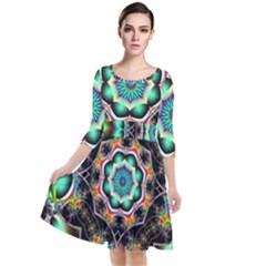 Fractal Chaos Symmetry Psychedelic Quarter Sleeve Waist Band Dress