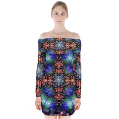 Mosaic Kaleidoscope Form Pattern Long Sleeve Off Shoulder Dress