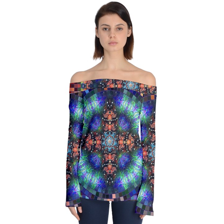 Mosaic Kaleidoscope Form Pattern Off Shoulder Long Sleeve Top