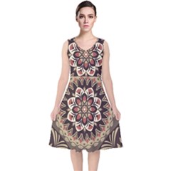 Seamless Pattern Floral Flower V-neck Midi Sleeveless Dress 