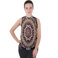 Seamless Pattern Floral Flower Mock Neck Chiffon Sleeveless Top