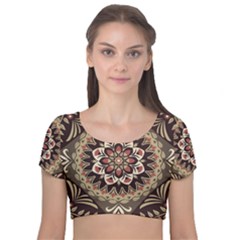 Seamless Pattern Floral Flower Velvet Short Sleeve Crop Top 