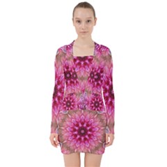 Flower Mandala Art Pink Abstract V-neck Bodycon Long Sleeve Dress by Pakrebo