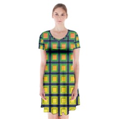 Tile Background Image Pattern Squares Short Sleeve V-neck Flare Dress by Pakrebo