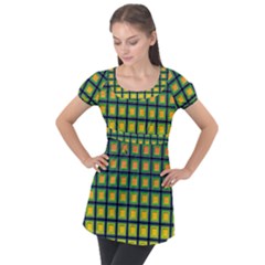 Tile Background Image Pattern Squares Puff Sleeve Tunic Top