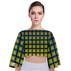 Tile Background Image Pattern Squares Tie Back Butterfly Sleeve Chiffon Top