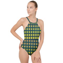 Tile Background Image Pattern Squares High Neck One Piece Swimsuit