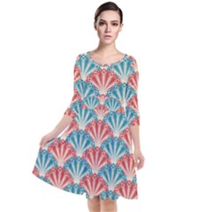 Seamless Patter Peacock Feathers Quarter Sleeve Waist Band Dress