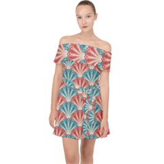 Seamless Patter Peacock Feathers Off Shoulder Chiffon Dress