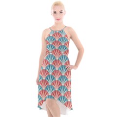 Seamless Patter Peacock Feathers High-low Halter Chiffon Dress 