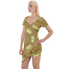 Pattern Background Gold Golden Short Sleeve Asymmetric Mini Dress