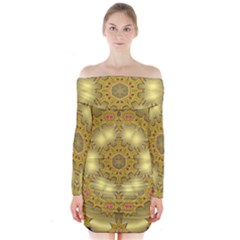 Pattern Background Gold Golden Long Sleeve Off Shoulder Dress by Pakrebo